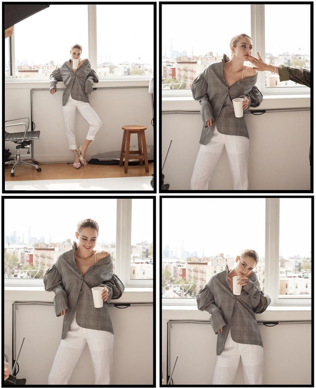 Multiple portrait shots of a blond woman in a gray blazer and white pants standing by a window inside a photo studio.