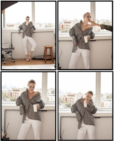 Multiple portrait shots of a blond woman in a gray blazer and white pants standing by a window inside a photo studio.