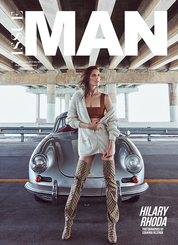 Magazine cover featuring Hilary Rhoda in thigh-high boots, posing next to a classic silver Porsche under a concrete overpass.