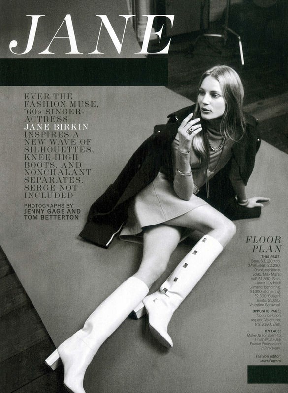 Blonde woman in a stylish, knee-high white boots and mini dress lies on the floor in a fashion magazine editorial.