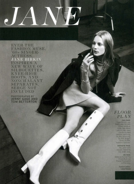 Blonde woman in a stylish, knee-high white boots and mini dress lies on the floor in a fashion magazine editorial.