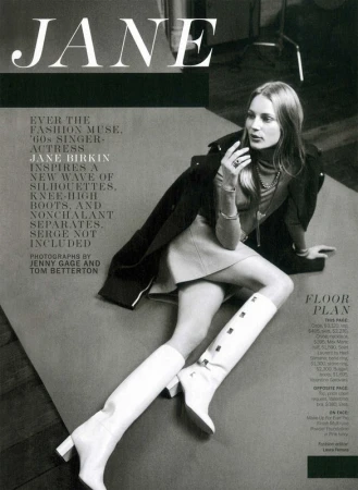 Blonde woman in a stylish, knee-high white boots and mini dress lies on the floor in a fashion magazine editorial.