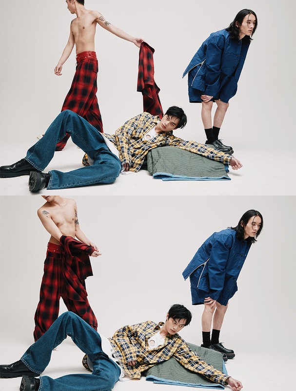 Three Asian male models pose in a photo studio wearing shirts, jackets, jeans, and boots in a bright, high-key studio environment.