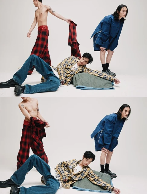 Three Asian male models pose in a photo studio wearing shirts, jackets, jeans, and boots in a bright, high-key studio environment.