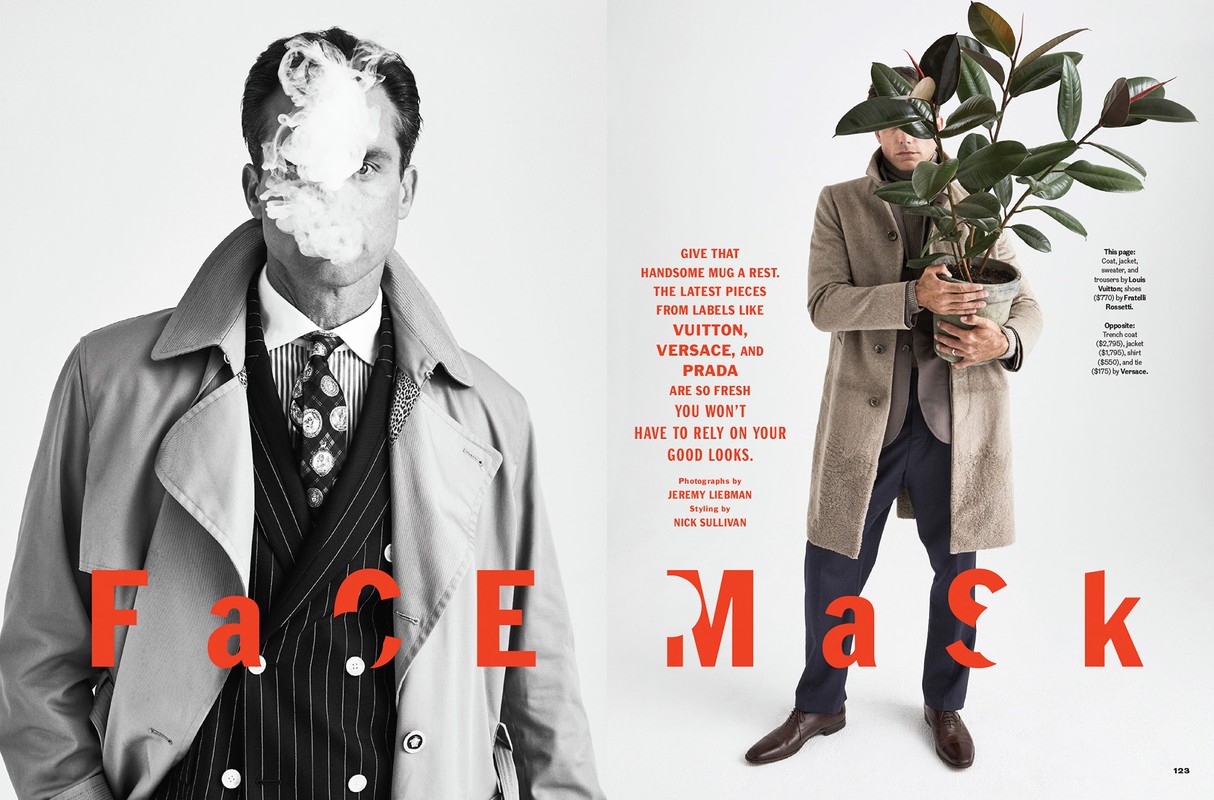 Editorial fashion magazine spread featuring male models in stylish suits and overcoats on white backdrop with minimalist text overlay.