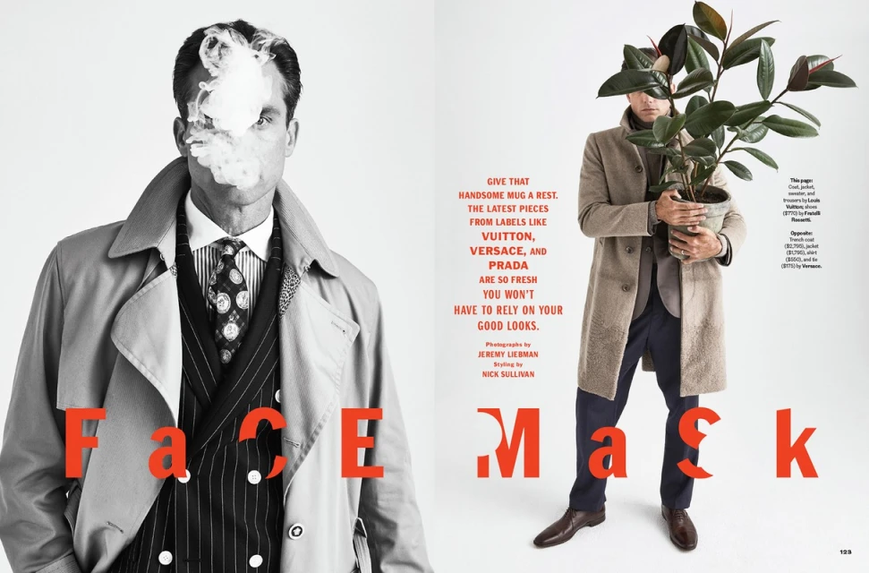 Editorial fashion magazine spread featuring male models in stylish suits and overcoats on white backdrop with minimalist text overlay.