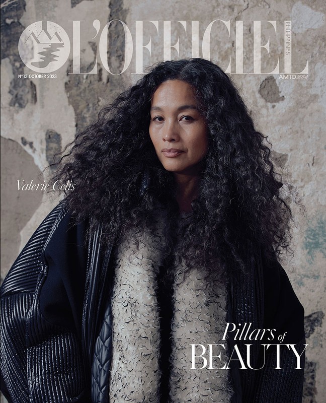 Magazine cover featuring Valerie Conis in a black jacket and textured top against a textured background with 'L'Officiel Philippines' text.