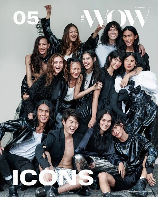 Magazine cover featuring a diverse group of fourteen young adults in a variety of stylish black outfits, all smiling. "The WOW" title is visible.