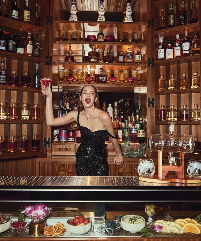 Elegant woman in a black dress raises a cocktail glass at a wood-paneled bar with shelves stocked with liquor bottles.