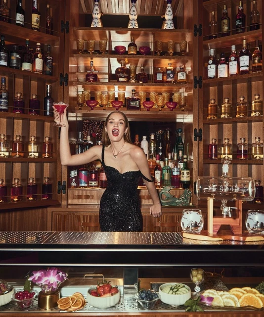 Elegant woman in a black dress raises a cocktail glass at a wood-paneled bar with shelves stocked with liquor bottles.