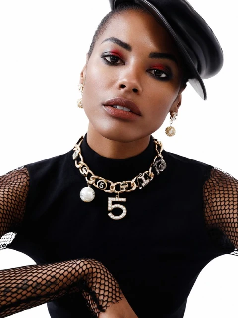 Glamorous portrait of an adult woman with red eye makeup and a black leather cap, showcasing a chunky gold necklace and fishnet sleeves.