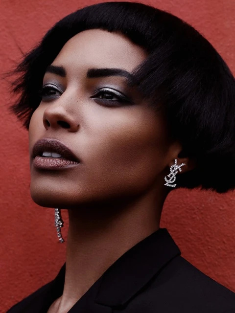 Close-up portrait of an African American woman with short dark hair wearing silver eyeshadow and designer logo earrings in front of a red background.