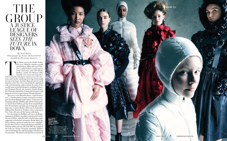 Fashion editorial featuring a group of stylish women in winter apparel against a grey background, showcasing various designs and textures in a studio setting.