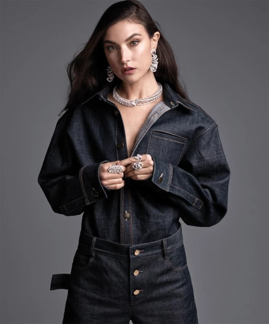 Portrait of a woman with long brown hair wearing a denim jumpsuit and diamond jewelry, including a choker, earrings, and rings, on a gray background.