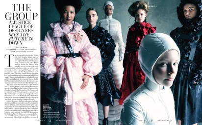 Editorial spread featuring six models posing in avant-garde quilted coats and puffer jackets against a textured grey background.