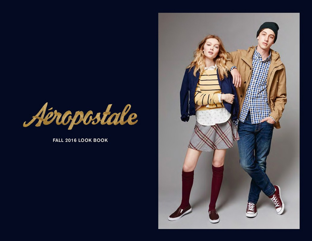 Aeropostale Fall 2016 look book features a young woman and man modeling clothing, including a skirt, socks, jackets, and jeans.