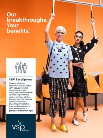 Two women on a bus are featured in a VSP ad, promoting vision benefits. One is fair-skinned with glasses, the other has darker skin and retro glasses.
