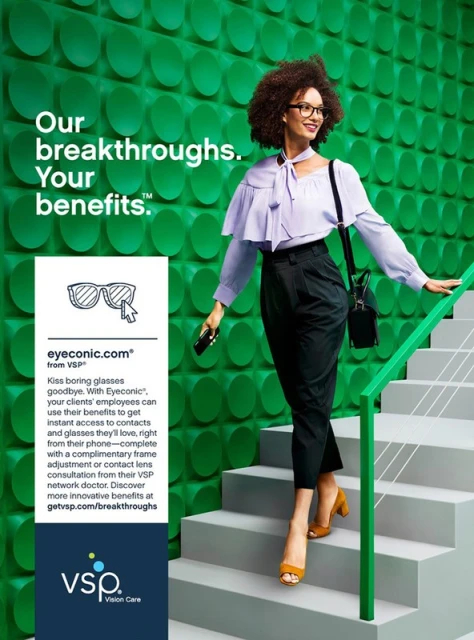 A woman in modern professional attire walks down stairs, eyeglasses visible, against a geometric green background with brand messaging.