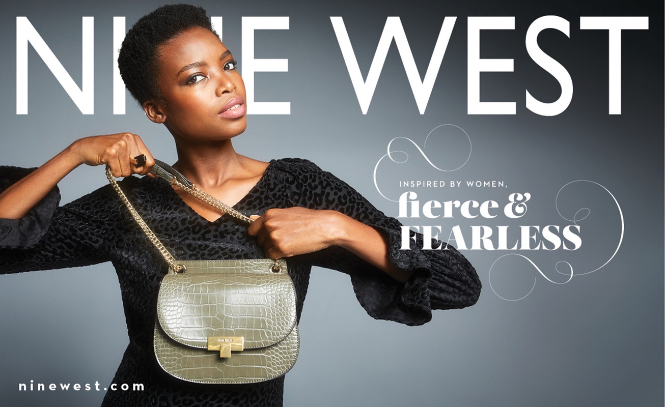 Nine West campaign featuring a Black woman holding a purse in a studio setting, against a gray background with the brand name overlayed.