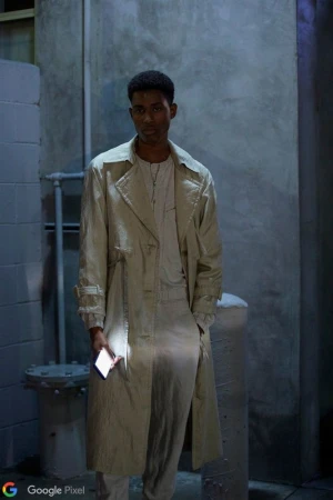 Black man wearing a long beige trench coat holding a glowing smartphone in an urban alleyway at night.