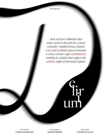 Fashion editorial features bold typography on a white background, highlighting the words 'Elirium' and descriptive text about sleek and sexy silhouettes.