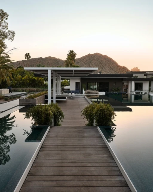 Exterior view of modern home with infinity pool, patio cover, landscaping, palm trees, and mountain in background during sunset.