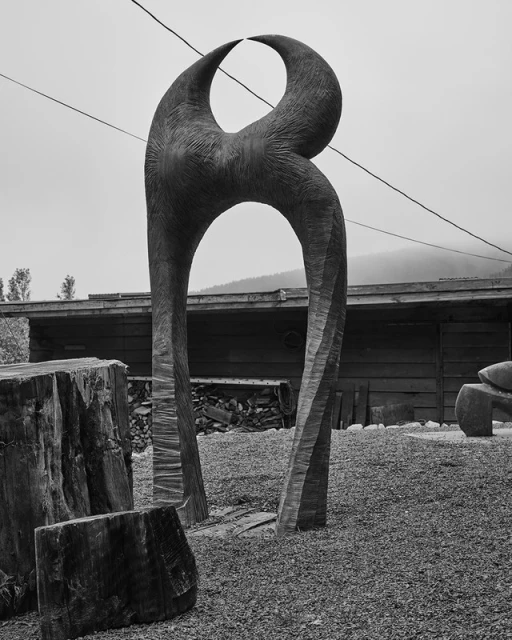 Monochrome outdoor shot of a unique, abstract wooden sculpture with open circular shape and textured surface, set against a background of hills.