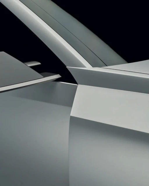 Silver automotive design showcasing angular lines and a futuristic aesthetic against a dark background, highlighting modern vehicle architecture.