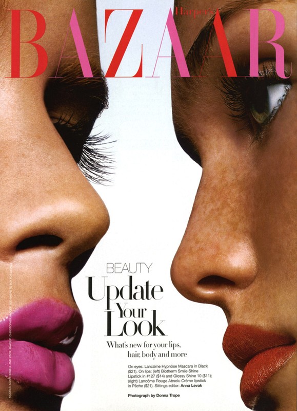 Close-up fashion and beauty editorial featuring two adult female faces, makeup, magazine cover, and Bazaar magazine title.