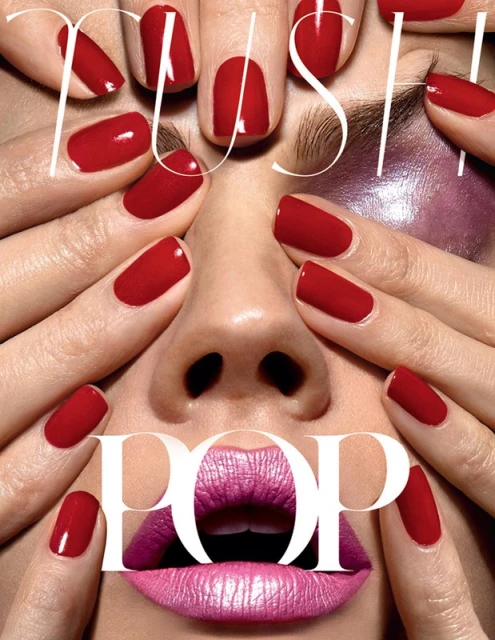 Close-up beauty shot featuring a woman's face, hands with red nails, and vibrant pink lipstick, with the words PUSH and POP overlaid.