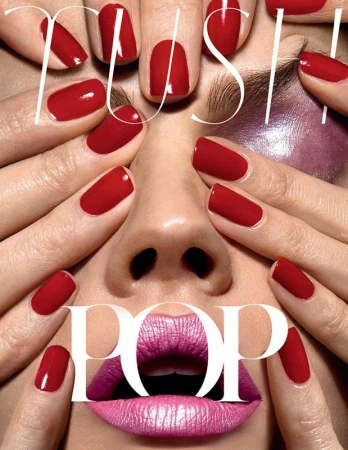 Close-up beauty shot featuring a woman's face, hands with red nails, and vibrant pink lipstick, with the words PUSH and POP overlaid.