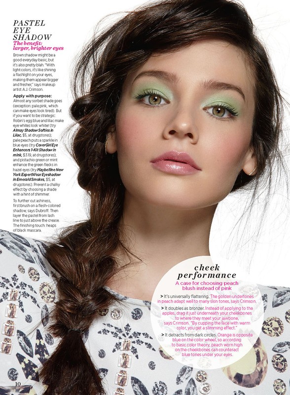 Close-up portrait of a young woman with light green eyeshadow and a side braid, showcasing a beauty editorial style.