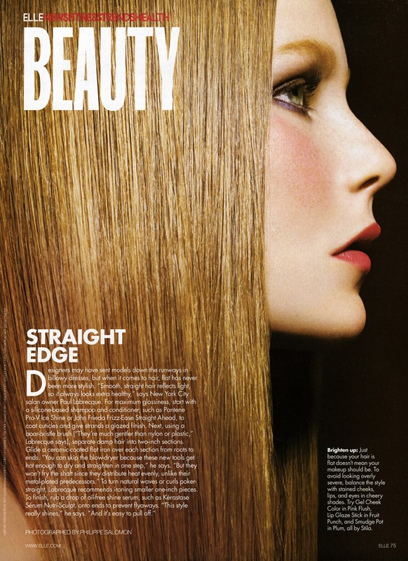 Close-up of a woman's profile in a beauty advertisement, featuring straight blonde hair, and soft pink makeup. Elle magazine cover. 