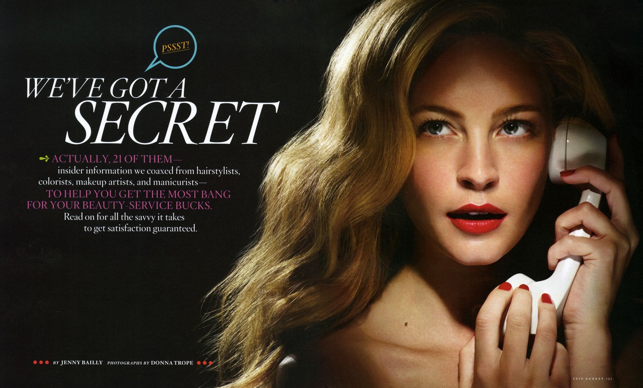 Glamorous portrait of a blonde woman with red lipstick holding a telephone receiver with a dark background and magazine cover text.