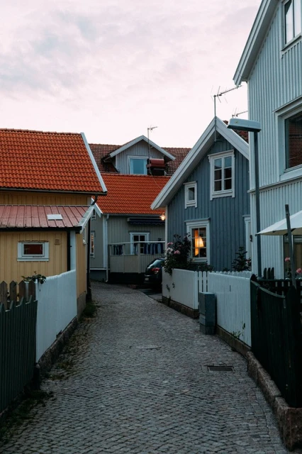 Street view of a narrow cobbled lane lined with colorful wooden houses in muted tones under a cloudy sky, creating a quaint scene.