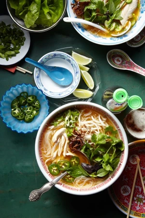 Overhead shot of bowls of Vietnamese pho soup with lime, cilantro, and jalapenos on a dark green surface.