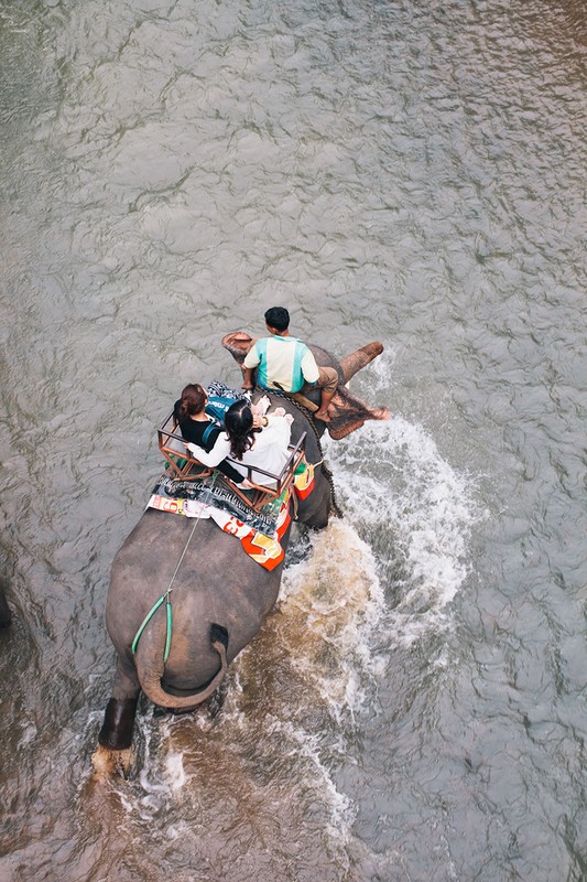 Overhead view of an elephant carrying three people wading through a river, creating a splash of water in a scenic outdoor environment.