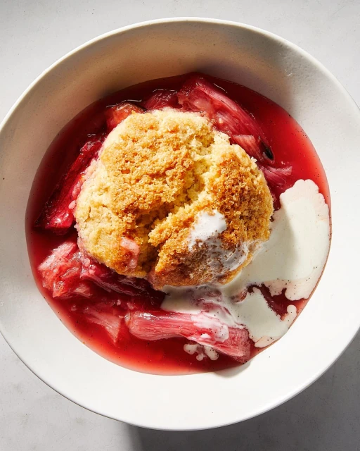 Overhead close-up of rhubarb cobbler in a white bowl, featuring baked topping, pink rhubarb stalks, and vanilla bean infused cream.