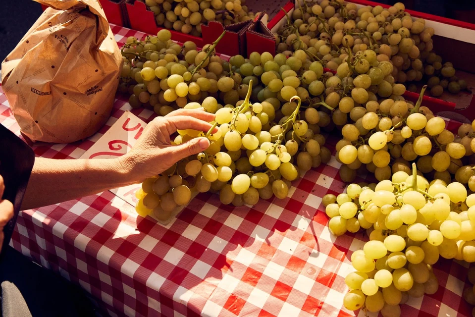 Close-up of a person's hand selecting green grapes on a red and white checkered tablecloth at a vibrant outdoor market.