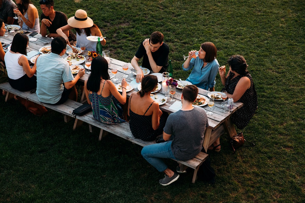 Overhead shot of a diverse group of people dining outdoors at a picnic table on green grass, enjoying food and drinks in natural light.
