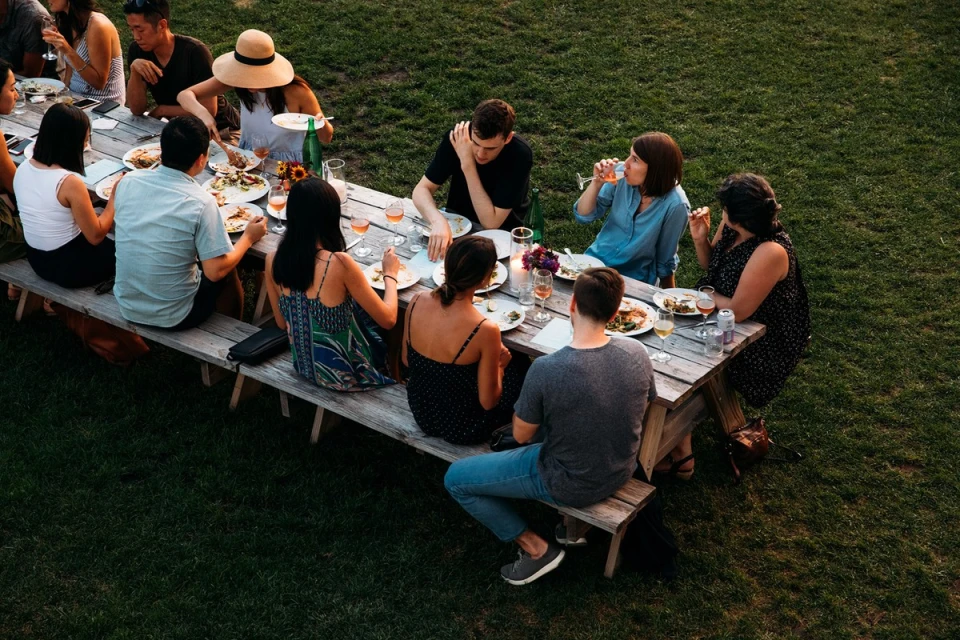 Overhead shot of a diverse group of people dining outdoors at a picnic table on green grass, enjoying food and drinks in natural light.