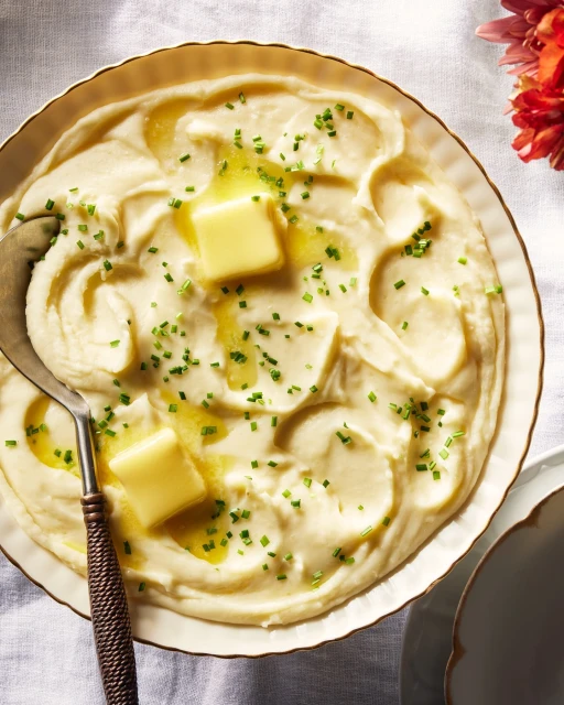 Overhead shot of creamy mashed potatoes in a white bowl, topped with butter cubes and chives, next to a metal spoon and floral decoration.