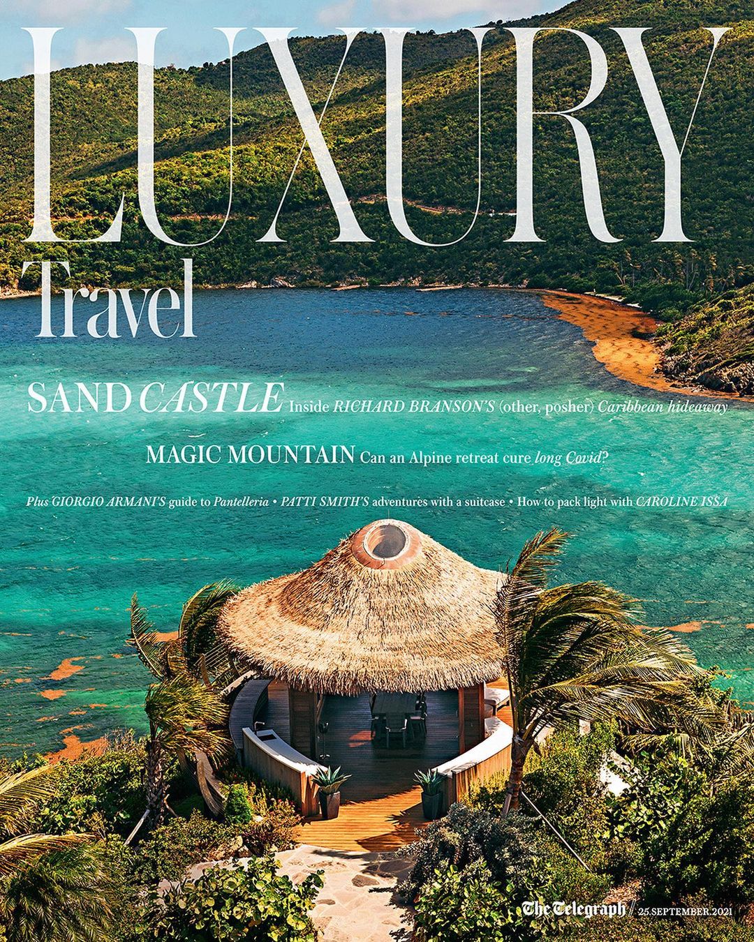 Magazine cover featuring tropical island resort, lagoon, and hills, overlaid with "Luxury Travel" title and article previews.