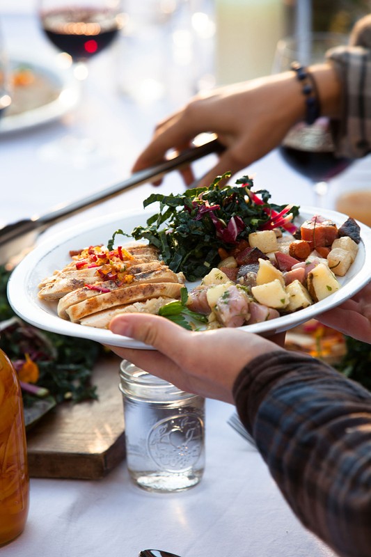 A catered plate featuring grilled chicken, potatoes, and kale is presented by hands in an outdoor setting with a drink.