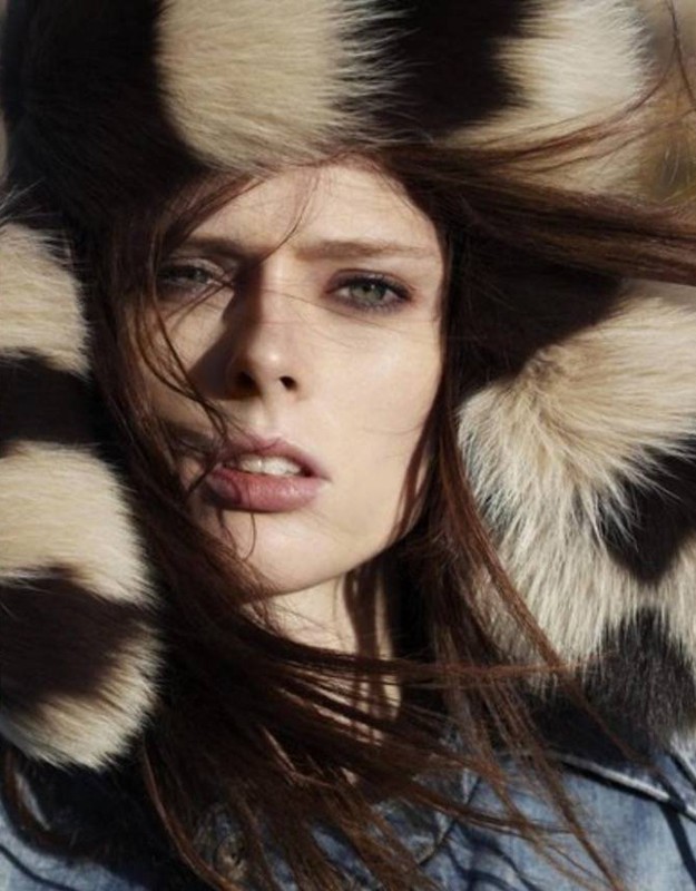 Close-up portrait of a woman with brown hair and blue eyes wearing a fur hat, looking at the camera in a studio setting.
