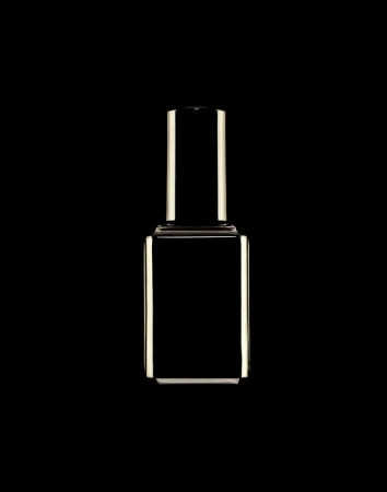 Isolated product shot of a reflective nail polish bottle with a rectangular body and cylinder neck against a solid black backdrop.