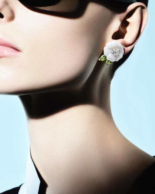 Close up of a woman's face and neck wearing a flower-shaped earring with diamonds on a gradient blue background and hard lighting.