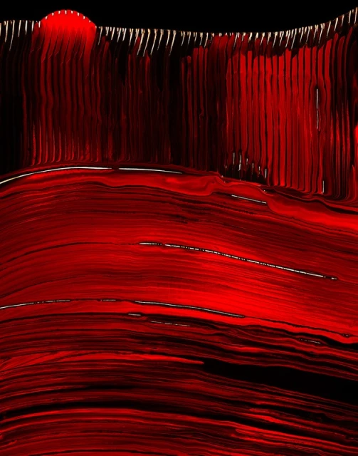 Abstract artwork featuring a vibrant red color palette with striking lines and patterns creating a dynamic visual texture.