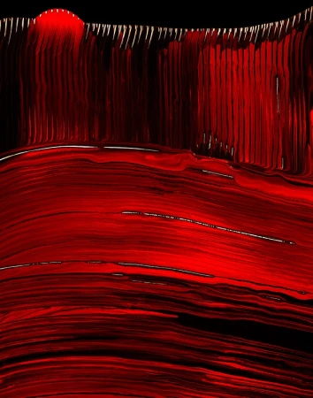 Abstract artwork featuring a vibrant red color palette with striking lines and patterns creating a dynamic visual texture.