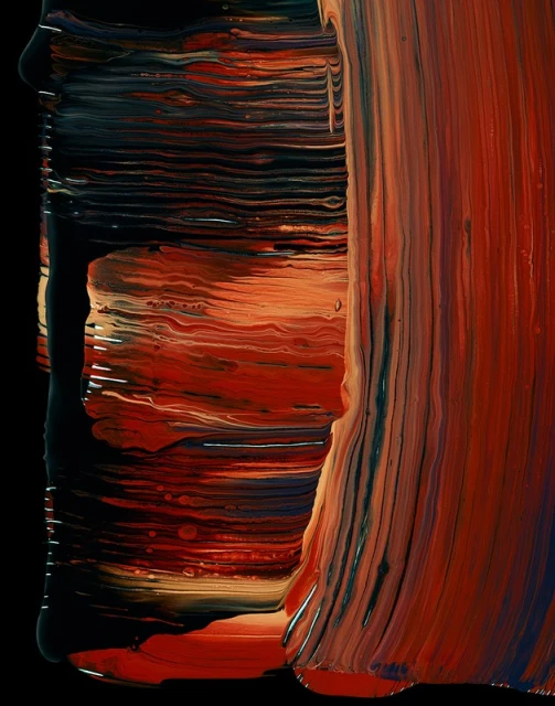 Abstract painting featuring thick strokes of orange, red, and black paint layered in horizontal patterns on a dark background.